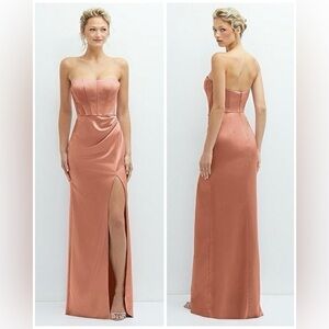 NWT Dessy Collection Strapless Topstitched Corset Satin Copper Penny Dress, 10R